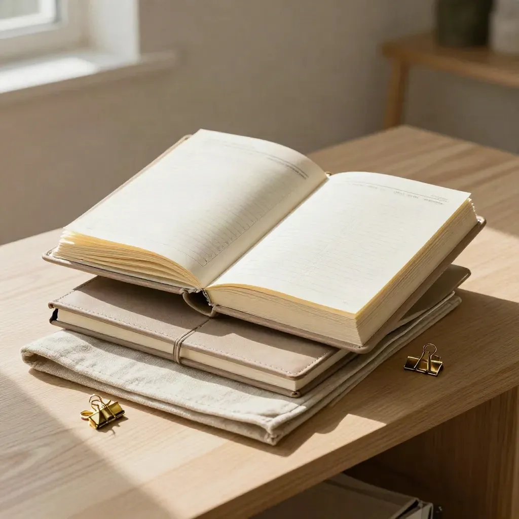 Cream binder of planner templates with notebooks and brass clips on a pale oak sideboard.