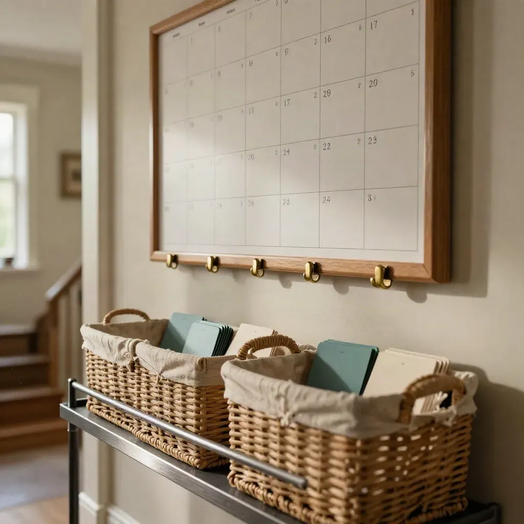 Hallway command centre with baskets, hooks and a blank monthly board in soft daylight.