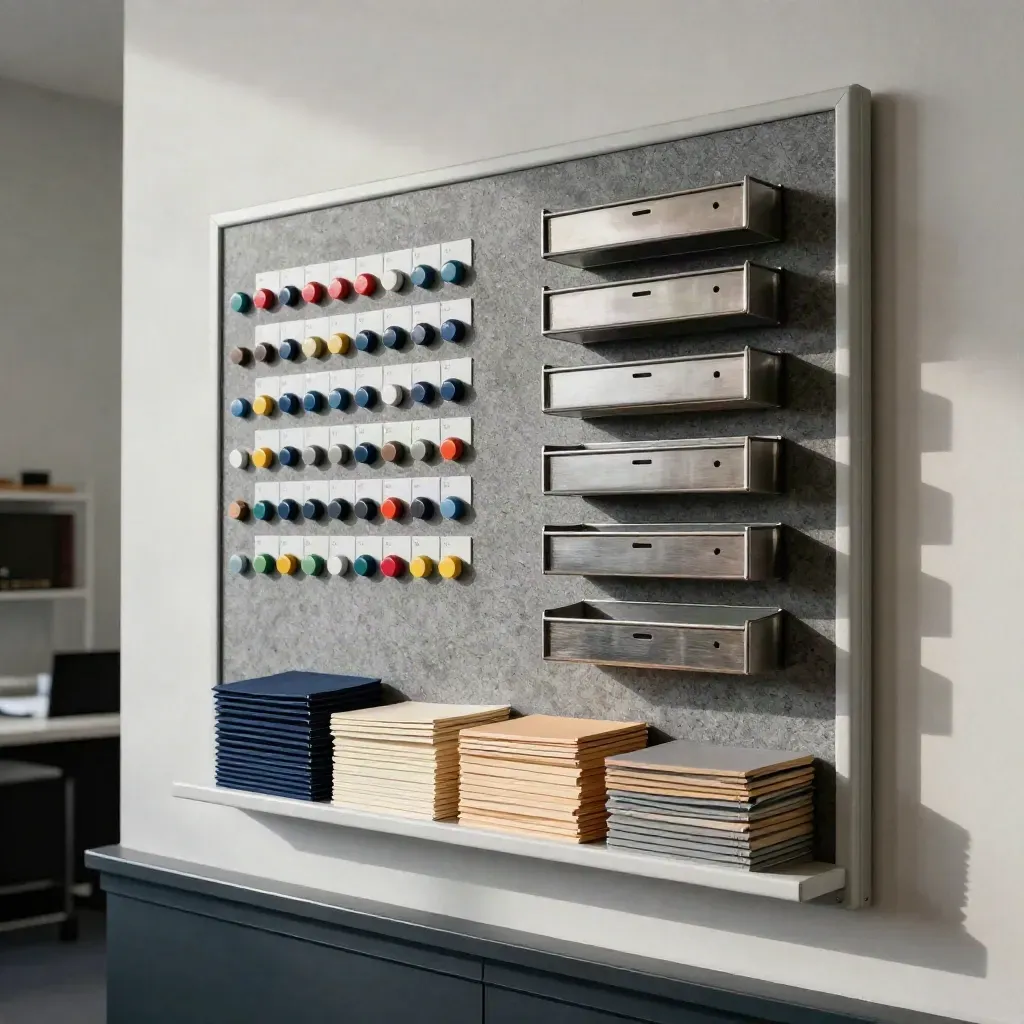 Neat office board with trays and folders in a compact planning nook