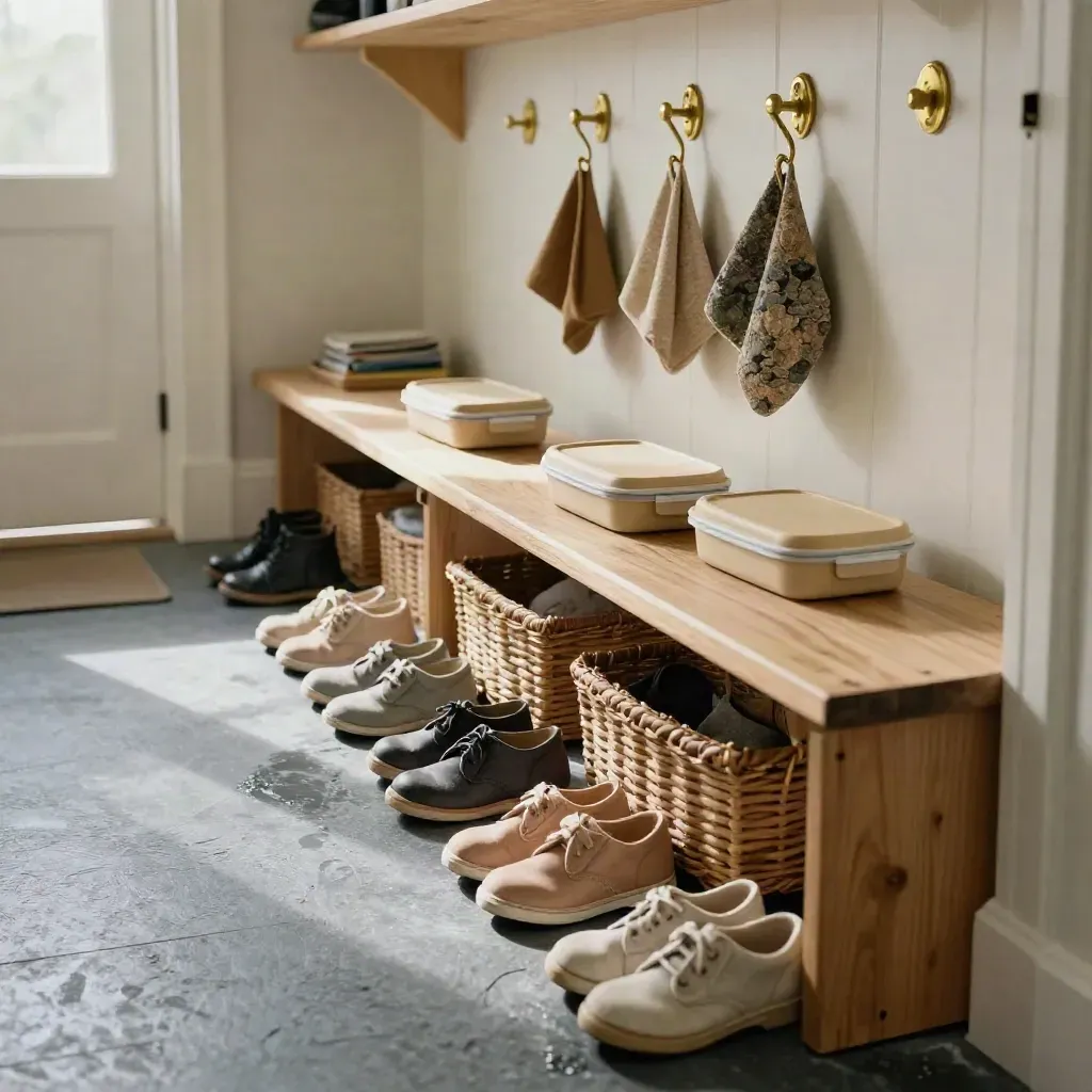 Warm mudroom routine station with baskets, shoes and lunch boxes in morning light