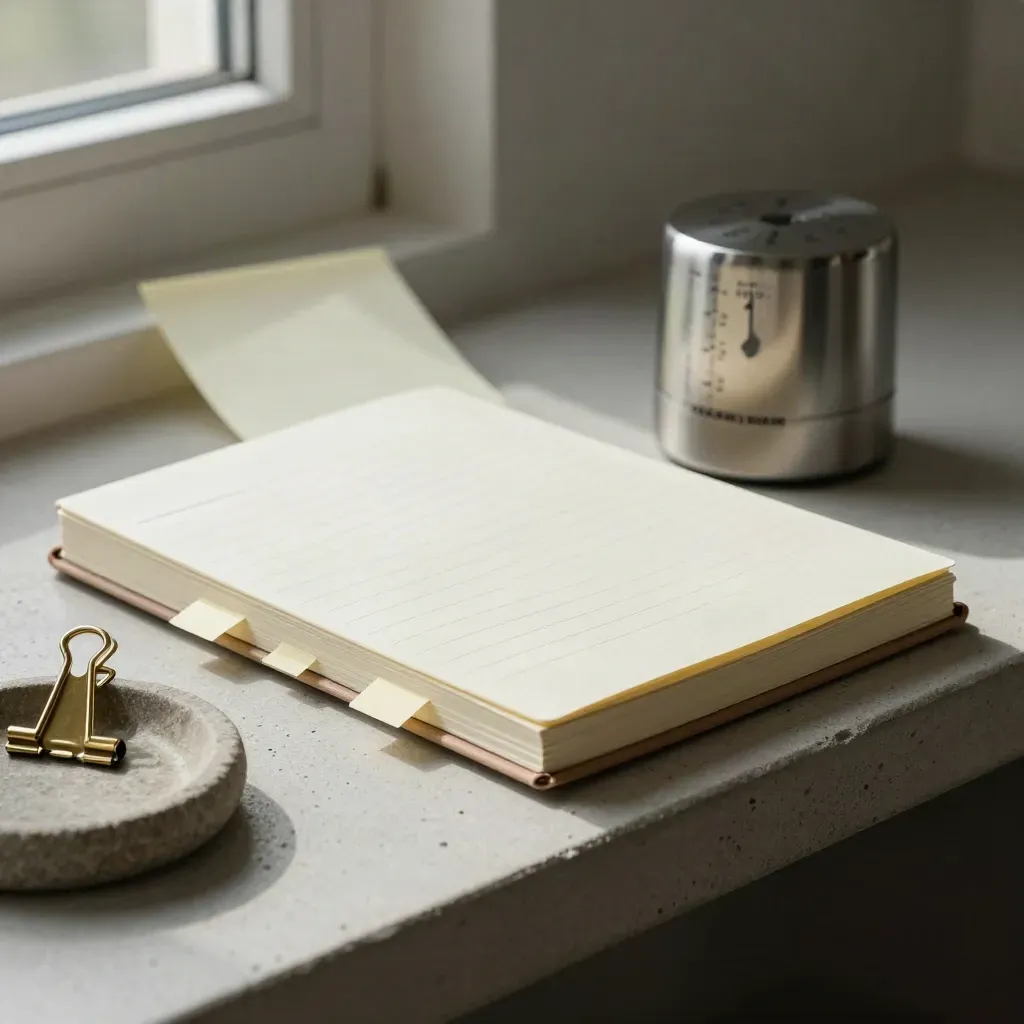 Progress notebook, cream tabs, timer and brass clip on a stone shelf in soft side light.