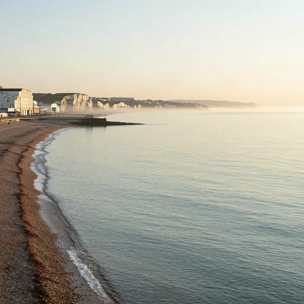 Brighton chalk coast at golden hour with calm shingle beach and sea haze