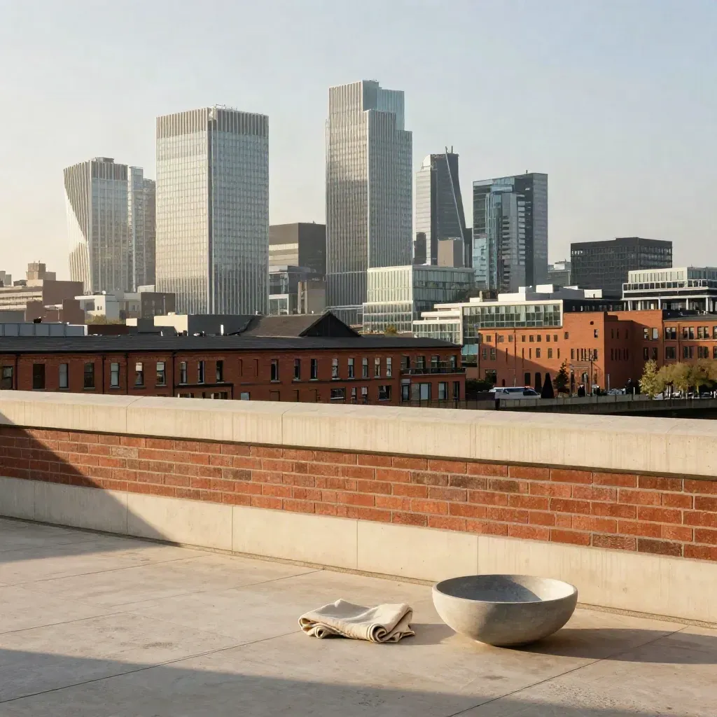 Manchester skyline above brick and glass with a calm concrete foreground in warm haze.